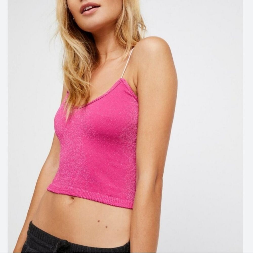 NWOT Free People Brami‎ Crop Tank Top Skinny Strap Metallic Seamless Pink Sz M/L